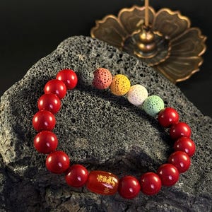 Five Elements Feng Shui Protection Bracelet, Five-Color Lava Stone Buddhist Amulet, Cinnabar& Agate Beaded Lucky Charm Gift for Boyfriend