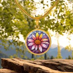 Pink Daisy Necklace - Stained Glass Graphic Pendant - Free Custom Engraving - April Birth Flower Mothers Day Gift
