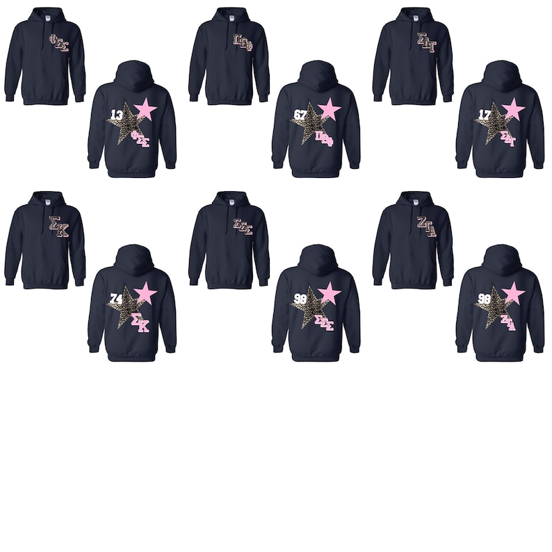 May include: Navy blue hooded sweatshirts with various designs. Some sweatshirts feature a pink star with a leopard print design and numbers, while others have text on the chest. The sweatshirts are a casual style.