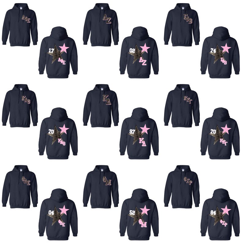 May include: Navy blue hooded sweatshirts with various designs. Each sweatshirt features a pink star with a leopard print pattern and a unique combination of letters and numbers. The sweatshirts are displayed on a white background.