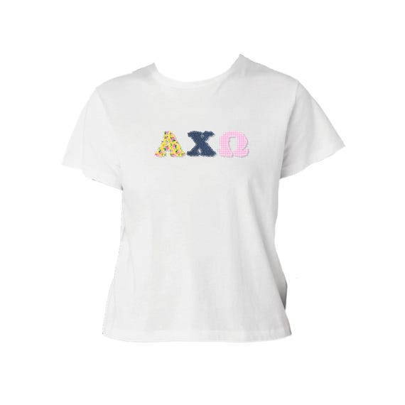 Patchwork Baby Tee / White Sorority Tee / White Sorority T-Shirt / White Sorority Shirt / Sorority Apparel / Greek Apparel