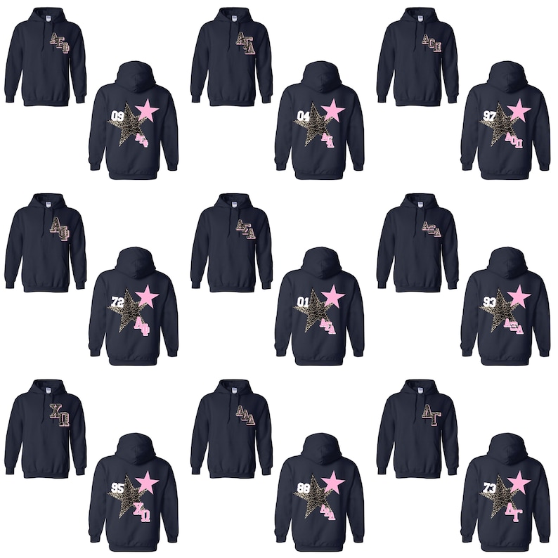 May include: Navy blue hooded sweatshirts with various designs. Some sweatshirts feature a pink star with a leopard print design and a number. Other sweatshirts have text on the front.