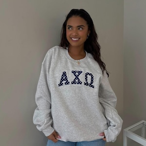 Grauer Sorority Rundhalsausschnitt mit Pünktchen / Graues Sweatshirt mit besticktem Ausschnitt / Sorority Sweatshirt / Griechisches Kleid