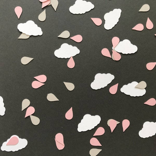 White Clouds and Pink and Grey Rain Drop Confetti - Pink Baby Shower Decorations - Rain Shower Baby Shower Decorations - Girl Baby Shower