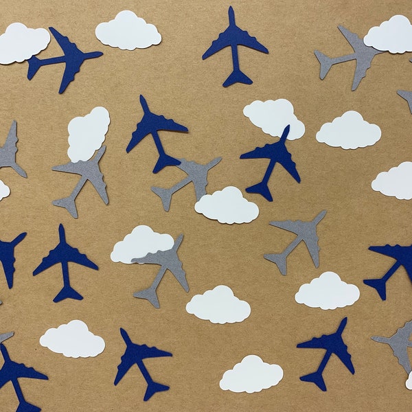 White Cloud and Navy and Grey Airplane Confetti - Time Flies Birthday Party Decorations - Airplane Decorations - Airplane Birthday Decor