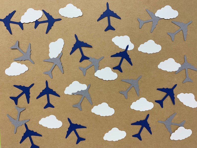 White Cloud and Navy and Grey Airplane Confetti Time Flies Birthday Party Decorations Airplane Decorations Airplane Birthday