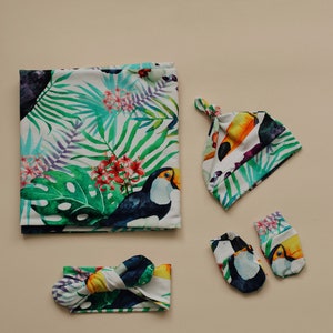 newborn swaddle set - Toucan blanket - neutral gender blanket - tropical blanket - jungle animal - swaddle and headband set - Hawaii Nursery