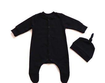black footie sleeper - baby footed sleeper  - Newborn Hat - Dark Sleeper - Black baby footed - baby footed sleeper- monochrome baby clothes