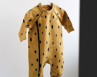 mustard romper - mustard dots romper - minimalist romper - organic baby romper- unisex baby romper - harem romper