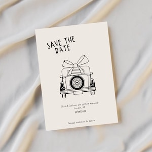 Vintage Auto Save the Date Einladungskarte, digital druckbare Einladungskarte, vollständig anpassbar, einfaches minimalistisches Design, Hochzeitsauto