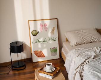 Póster del Club Matcha: Arte de pared moderno para la cocina (descarga digital), diseño de lazo rosa, para amantes del matcha, póster bonito, regalo para amigos, decoración para carrito de bar.