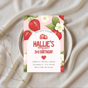 Berry Sweet Birthday Invitation Template, Strawberry Invitation, Children’s Birthday Invitations, Cute and Trendy Printable Invitation
