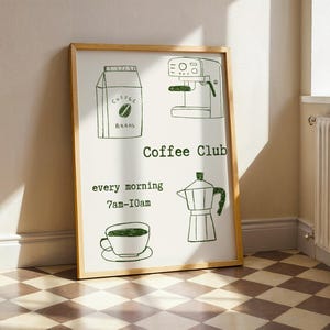 Coffee Club Kitchen Wall Art Print, Minimalistic Typewriter Green Design, Coffee Lover, Friend Gifts, Trendy Prints, Retro Poster, Cafe Art