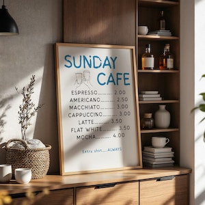 Menú de cafetería dominical, Menú de cafetería para el hogar, Decoración de cafetería para el hogar, Póster de café retro, Amante del café, Póster de cafetería, Estampados de moda, Regalo de inauguración de la casa