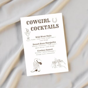 Cowgirl-Cocktails Menüvorlage, Western, Texas Thema, Cowboy Cocktails, Rodeo Bachelorette, Hen Do, bearbeitbarer digitaler Download, druckbar
