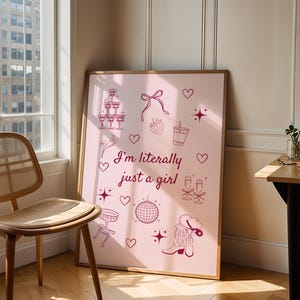 Póster rosa "Just a Girl", temática de vaqueros del oeste, decoración de apartamento para niña, arte de pared rosa, impresiones de moda, diseño de lazo, regalo de amistad, minimalista
