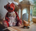 OOAK Art Teddy Bear: Vintage Red Plush with Chicken Toy