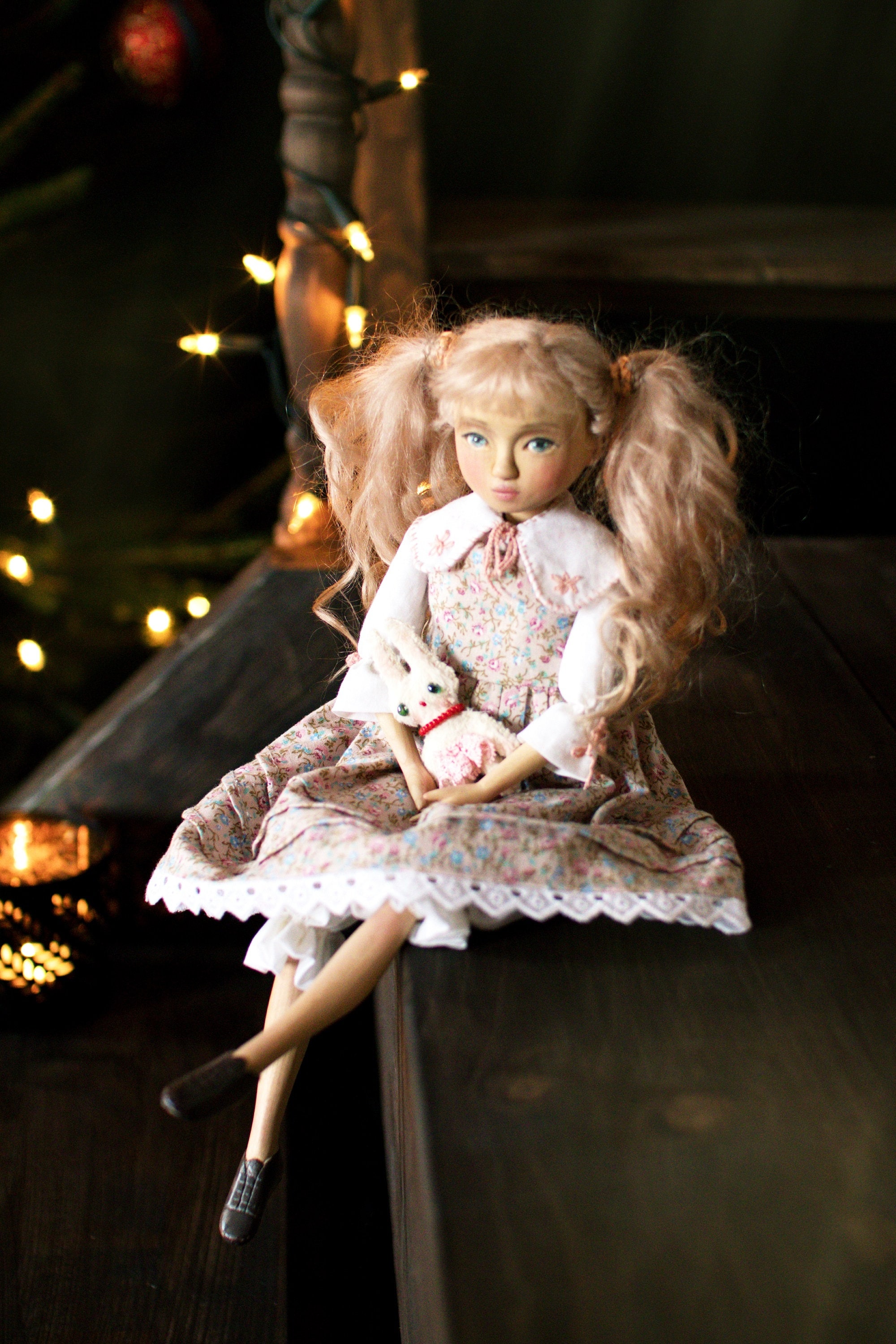 OOAK Art Wooden Doll: Movable Boho Doll With Rabbit - Etsy