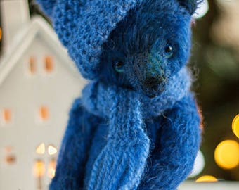 Mohair Teddy Bear: OOAK Blue Artist Toy with Knit Hat