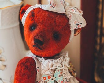 Art teddy bear Interior toy OOAK teddy bear Red teddy bear Vintage plush bear Jointed bear Vintage style bear Exclusive present Gift for her