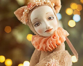 OOAK Teddy Doll: Paper Clay Face, Viscose Body, Collectible Art Doll
