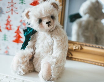 OOAK Mohair Teddy Bear: White Jointed Artist Bear with Green Bow