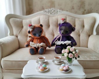 OOAK Mohair Teddy Bear in Lace Skirt: Jointed Collectible Toy
