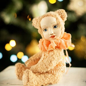 OOAK Art Teddy Bear Doll: Paper Clay Face, Jointed Interior Toy