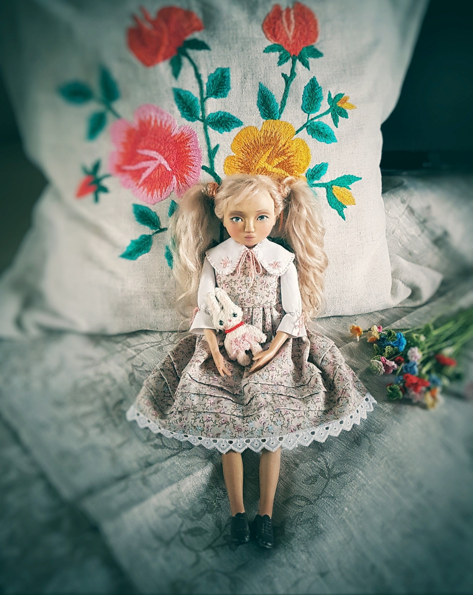 OOAK Art Wooden Doll: Movable Boho Doll With Rabbit - Etsy
