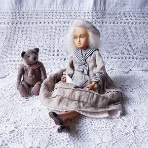 Art Wooden Doll: OOAK Linen Dress, Mohair Hair, Collectible