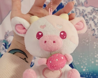 Mini milkshake strawberry cow plush keychain stuffed animal kawaii gift for kids cottagecore