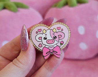 Strawberry cow lovecore enamel pin kawaii pink gift for her