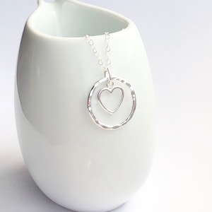 Hammered Sterling Silver Heart Necklace: Open Heart Circle Pendant