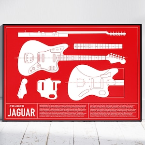 K&ouml;nnte beinhalten: Eine wei&szlig;e Linienzeichnung einer Fender Jaguar Gitarre auf rotem Hintergrund. Die Zeichnung zeigt die Gitarre zerlegt in ihre Einzelteile, einschlie&szlig;lich Korpus, Hals und Kopfplatte. Der Text "Fender Jaguar" ist unten in wei&szlig; auf der Abbildung gedruckt.