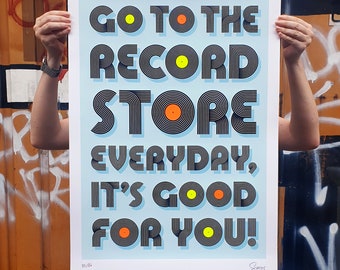 Record lover print, vinyl collector, record store screen print