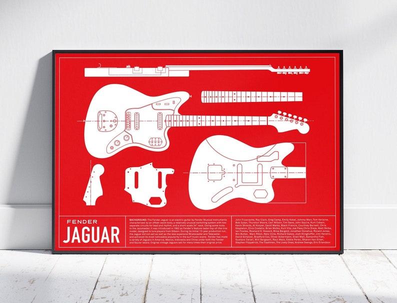 K&ouml;nnte beinhalten: Eine wei&szlig;e Linienzeichnung einer Fender Jaguar Gitarre auf rotem Hintergrund. Die Zeichnung zeigt die Gitarre zerlegt in ihre Einzelteile, einschlie&szlig;lich Korpus, Hals und Kopfplatte. Der Text "Fender Jaguar" ist unten in wei&szlig; auf der Abbildung gedruckt.