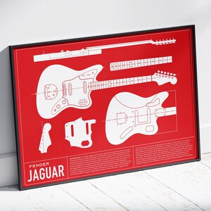 K&ouml;nnte beinhalten: Ein rotes und wei&szlig;es Poster im Blaupausen-Stil einer Fender Jaguar Gitarre. Das Poster enth&auml;lt ein detailliertes Diagramm des Gitarrenk&ouml;rpers, des Halses und anderer Teile. Der Text "Fender Jaguar" ist in wei&szlig; in der linken unteren Ecke des Posters gedruckt.
