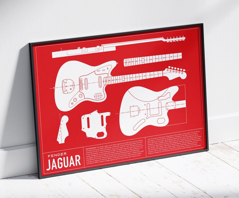 K&ouml;nnte beinhalten: Ein rotes und wei&szlig;es Poster im Blaupausen-Stil einer Fender Jaguar Gitarre. Das Poster enth&auml;lt ein detailliertes Diagramm des Gitarrenk&ouml;rpers, des Halses und anderer Teile. Der Text "Fender Jaguar" ist in wei&szlig; in der linken unteren Ecke des Posters gedruckt.