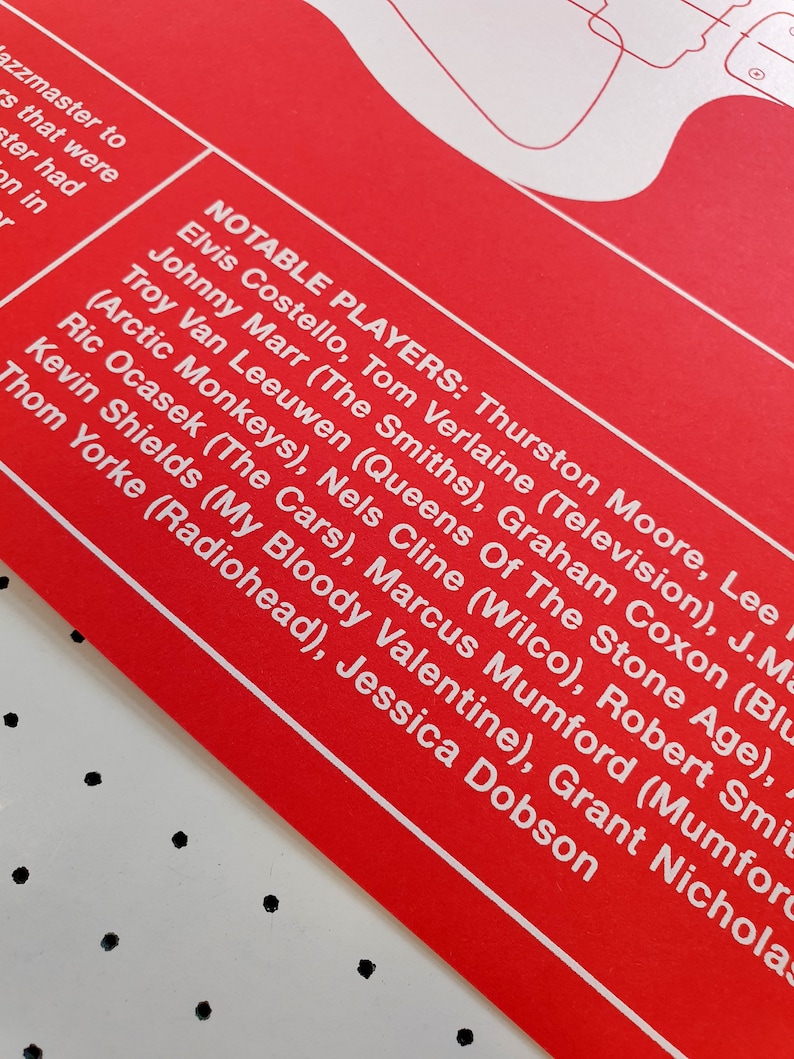 K&ouml;nnte beinhalten: Roter Hintergrund mit wei&szlig;em Text, der bemerkenswerte Gitarristen auflistet, darunter Elvis Costello, Tom Verlaine, Johnny Marr und Graham Coxon.