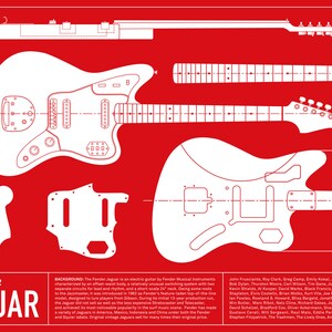 K&ouml;nnte beinhalten: Eine wei&szlig;e Linienzeichnung einer Fender Jaguar E-Gitarre auf rotem Hintergrund. Die Zeichnung zeigt den Korpus, den Hals, den Kopf und das Schlagbrett der Gitarre. Der Text "Fender Jaguar" befindet sich unten links im Bild. Der Text "Background: The Fender Jaguar is an electric guitar by Fender Musical Instruments..." befindet sich unten rechts im Bild.