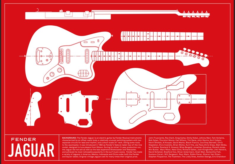 K&ouml;nnte beinhalten: Eine wei&szlig;e Linienzeichnung einer Fender Jaguar E-Gitarre auf rotem Hintergrund. Die Zeichnung zeigt den Korpus, den Hals, den Kopf und das Schlagbrett der Gitarre. Der Text "Fender Jaguar" befindet sich unten links im Bild. Der Text "Background: The Fender Jaguar is an electric guitar by Fender Musical Instruments..." befindet sich unten rechts im Bild.