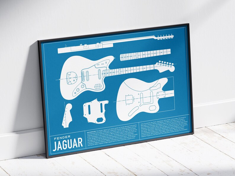 K&ouml;nnte beinhalten: Eine Blaupausen-Illustration einer Fender Jaguar E-Gitarre. Die Illustration zeigt die Gitarre in Einzelteilen, einschlie&szlig;lich Korpus, Hals und Kopfplatte. Der Text "Fender Jaguar" befindet sich am unteren Rand der Blaupause.