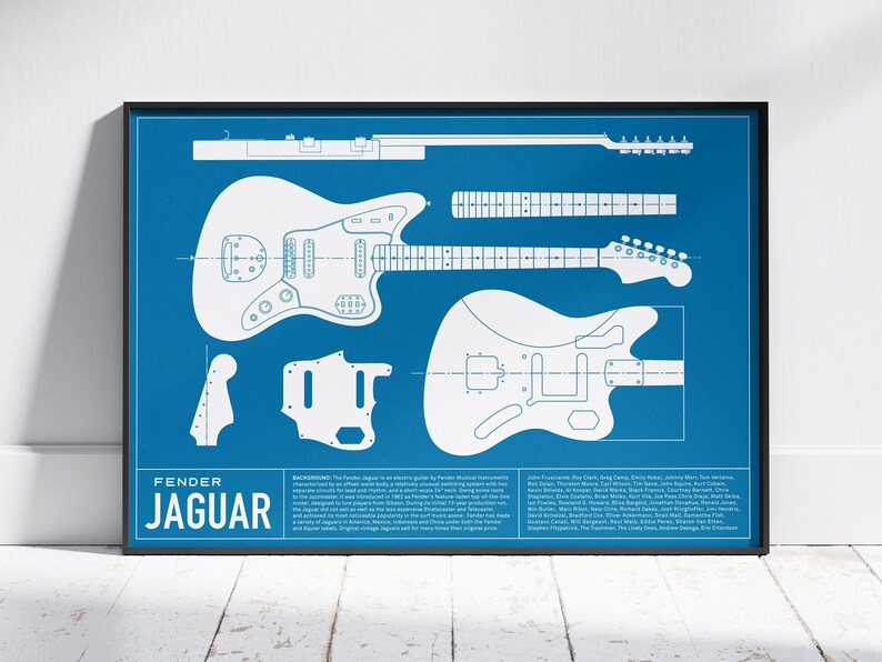 K&ouml;nnte beinhalten: Eine Illustration im Blaupausen-Stil einer Fender Jaguar E-Gitarre. Das Bild zeigt die Gitarre in zerlegten Teilen, einschlie&szlig;lich Korpus, Hals und Kopfplatte. Der Text "Fender Jaguar" befindet sich am unteren Rand des Bildes.