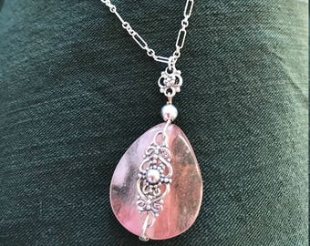 Rose quartz and sterling silver pendant necklace