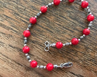 red coral and silver bead bracelet