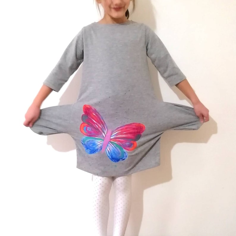Butterfly Dress Light GreyComfy Dress Hand Painted Cotton Dress Play Dress Cotton Jersey Cocoon Dress