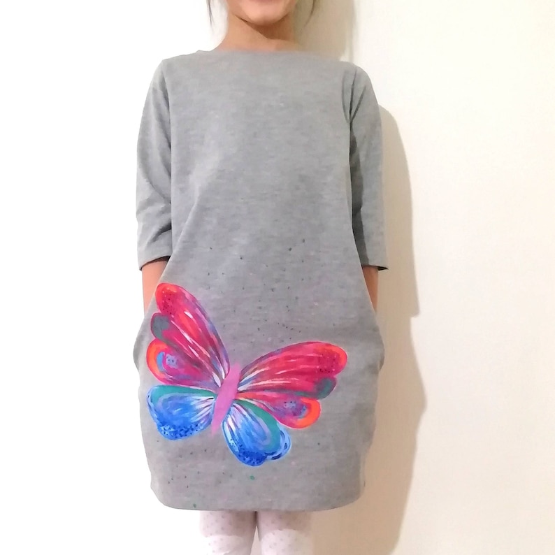 Butterfly Dress Light GreyComfy Dress Hand Painted Cotton Dress Play Dress Cotton Jersey Cocoon Dress