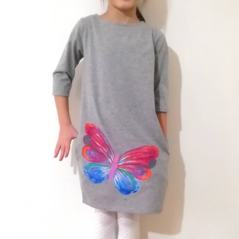 Butterfly Dress Light GreyComfy Dress Hand Painted Cotton Dress Play Dress Cotton Jersey Cocoon Dress