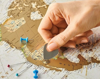 Push Pin Travel Map – Scratch Off World Map Wall Poster with Push Pins 34.6” x 25.2” – Travel Lover Gift