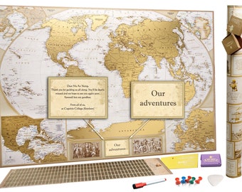 Personalized Travel Map of the World Scratch off with Push Pins - Custom World Map Scratch off